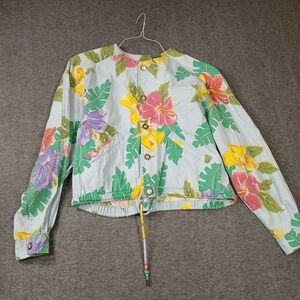 Lizwear Vintage Tropical Hibiscus Floral Cotton Bomber Jacket Blue Womens Medium